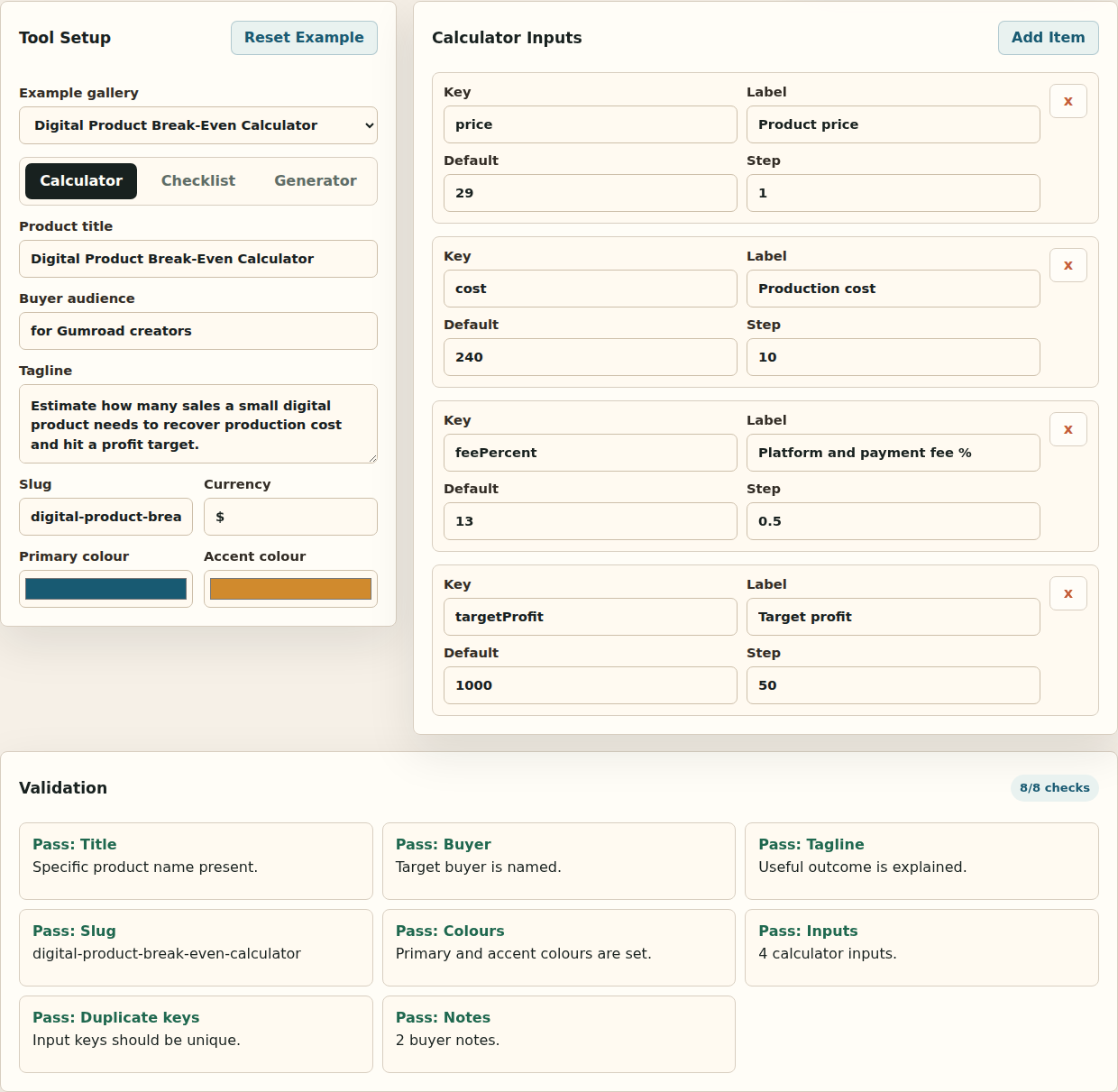 Factory builder with example gallery, tool type selector, product fields, calculator inputs, and validation checks