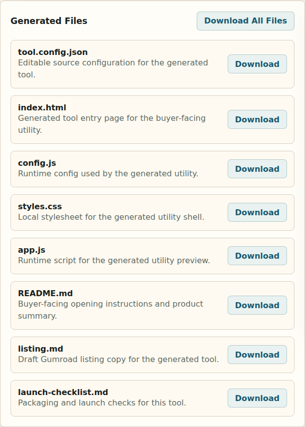 Generated files list and tool config JSON export