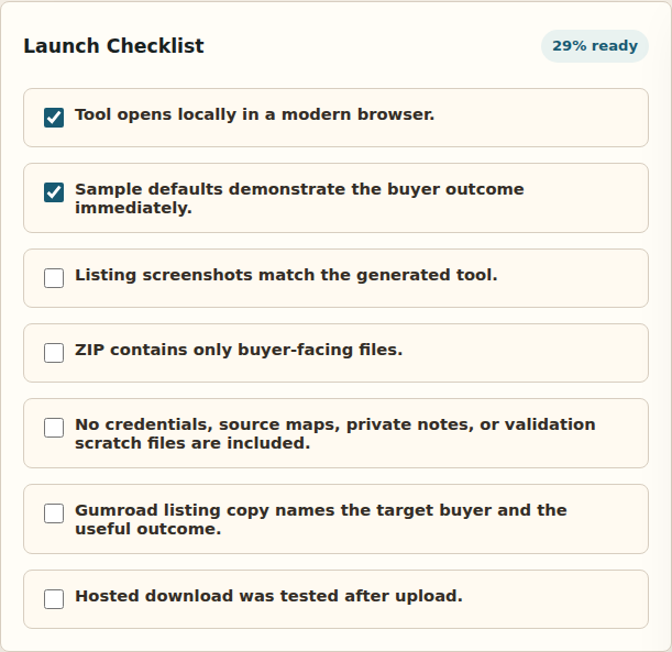 Launch checklist and packaging notes for a generated tiny web tool