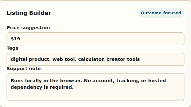 Listing builder with price, tags, support note, and generated Gumroad copy